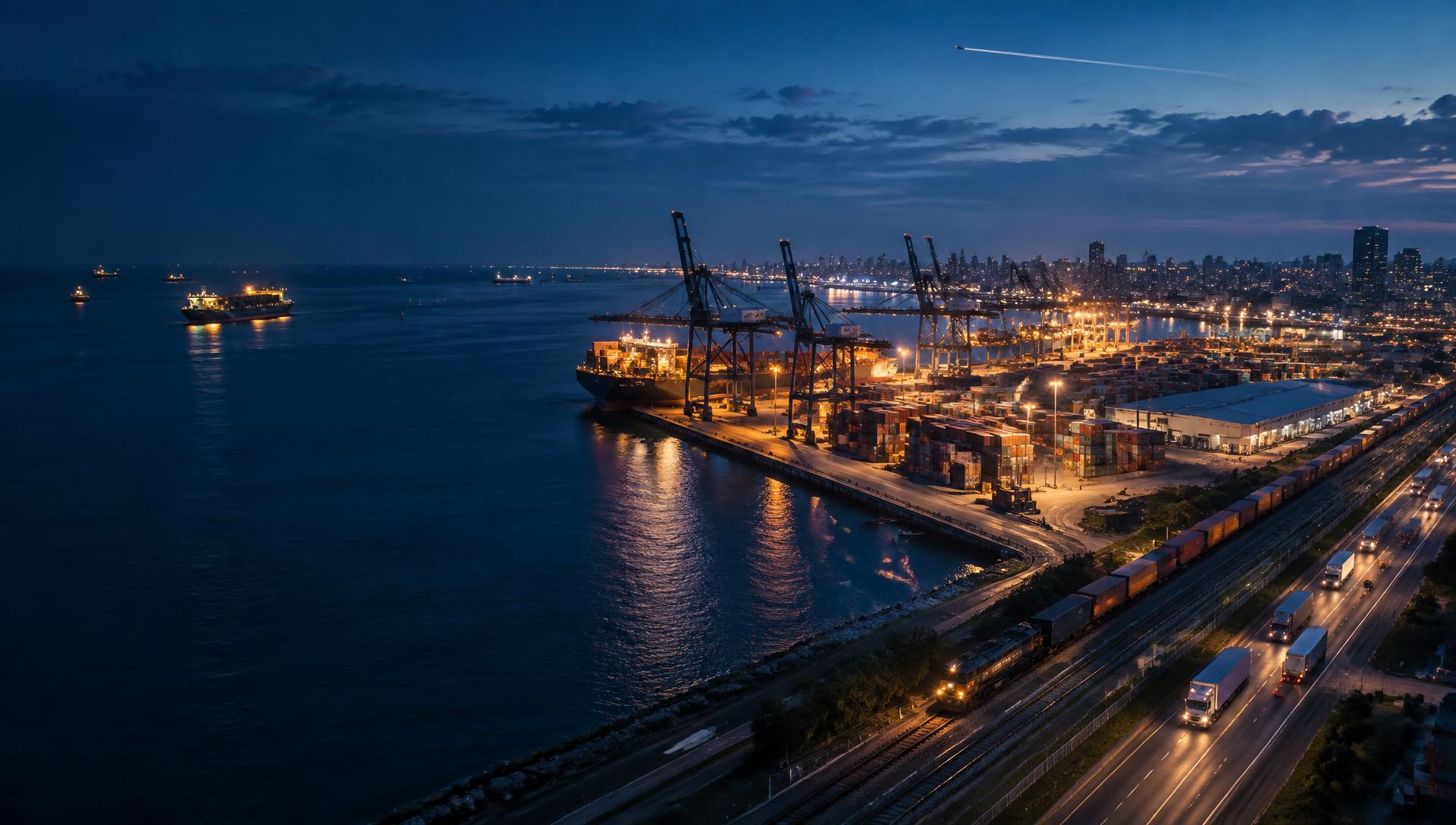 Cargo vessels, containers, rail freight and road transport converging at a logistics port