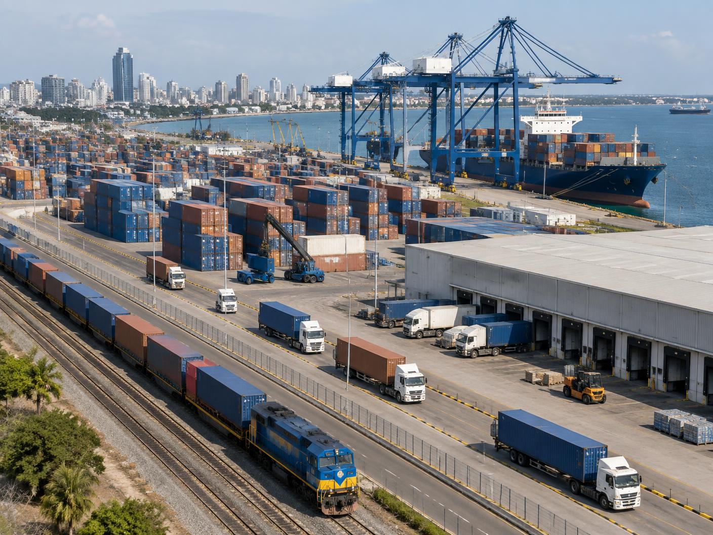 Intermodal logistics hub with cargo containers, a ship, road freight and railway infrastructure